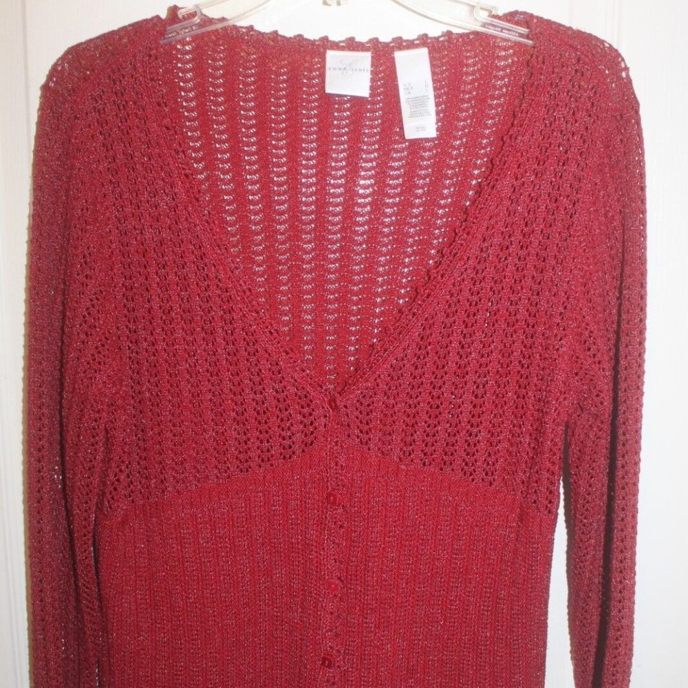 Emma James Women's Cardigan red silk rayon cardigan open weave vneck Large EUC …
